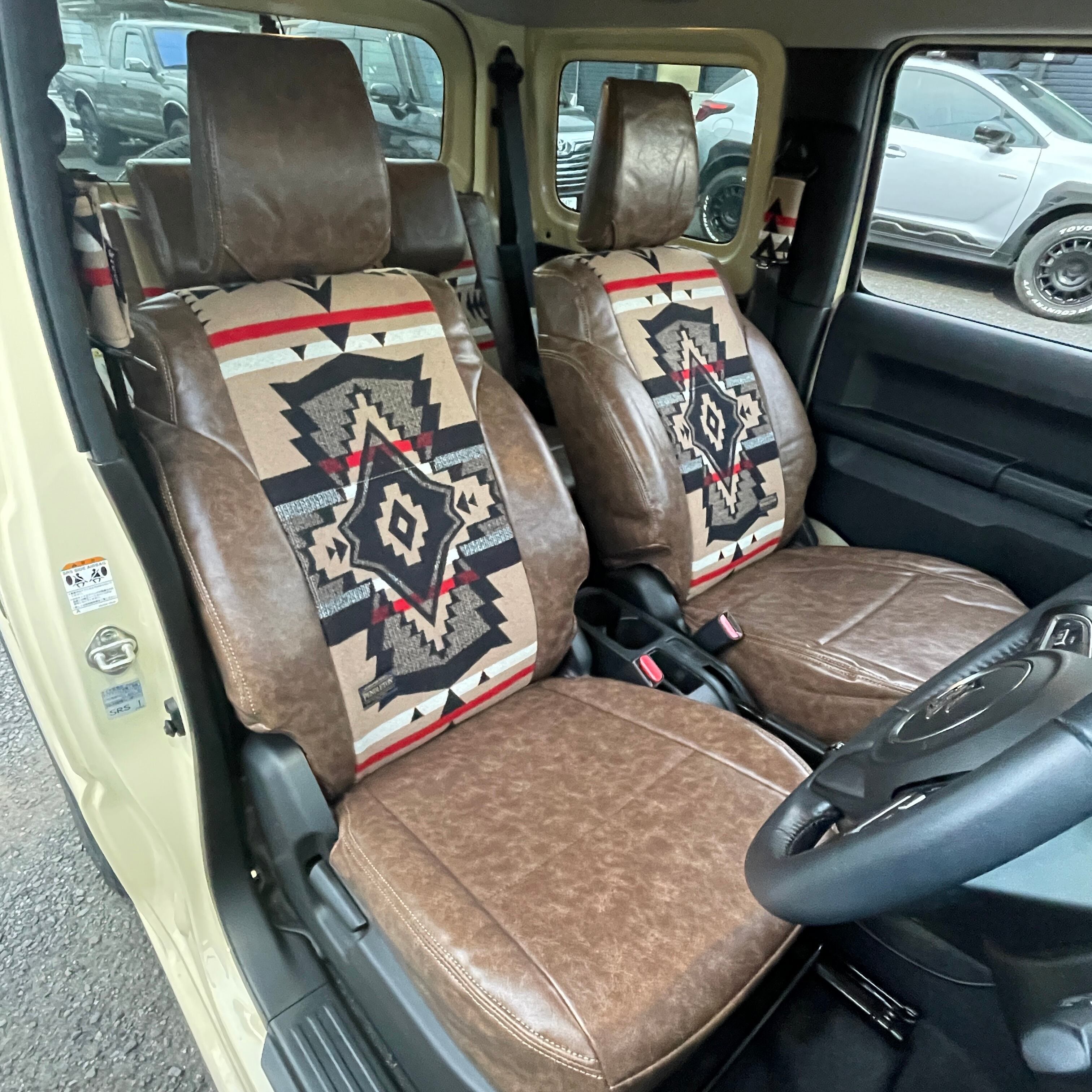 新型ジムニー JB64・シエラJB74 5型専用 ペンドルトンコラボシートカバー 【ヴィンテージ調ブラウンレザー×オーバーオール ベージュ】