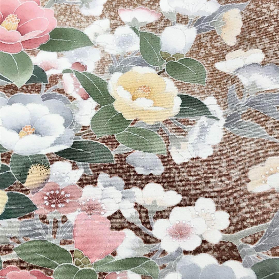 訪問着 四季の花模様 叩き染 友禅 暈し 浜ちりめん 小鹿色 K-3593  