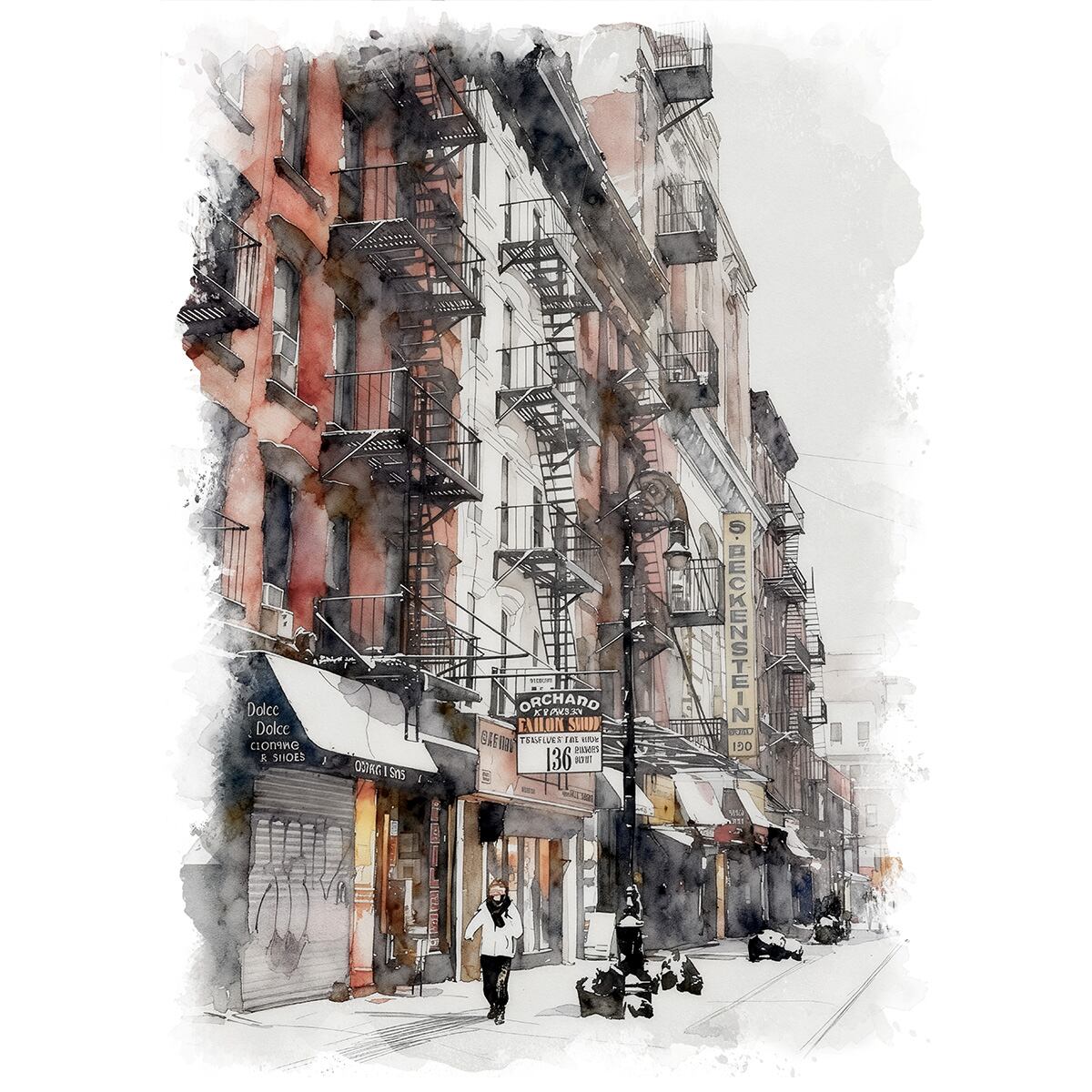 絵画 風景画(街並み) 冬 アメリカ ニューヨーク 雪のオーチャード・ストリート インテリアアート額付き 水彩画・油絵風 WAT1001