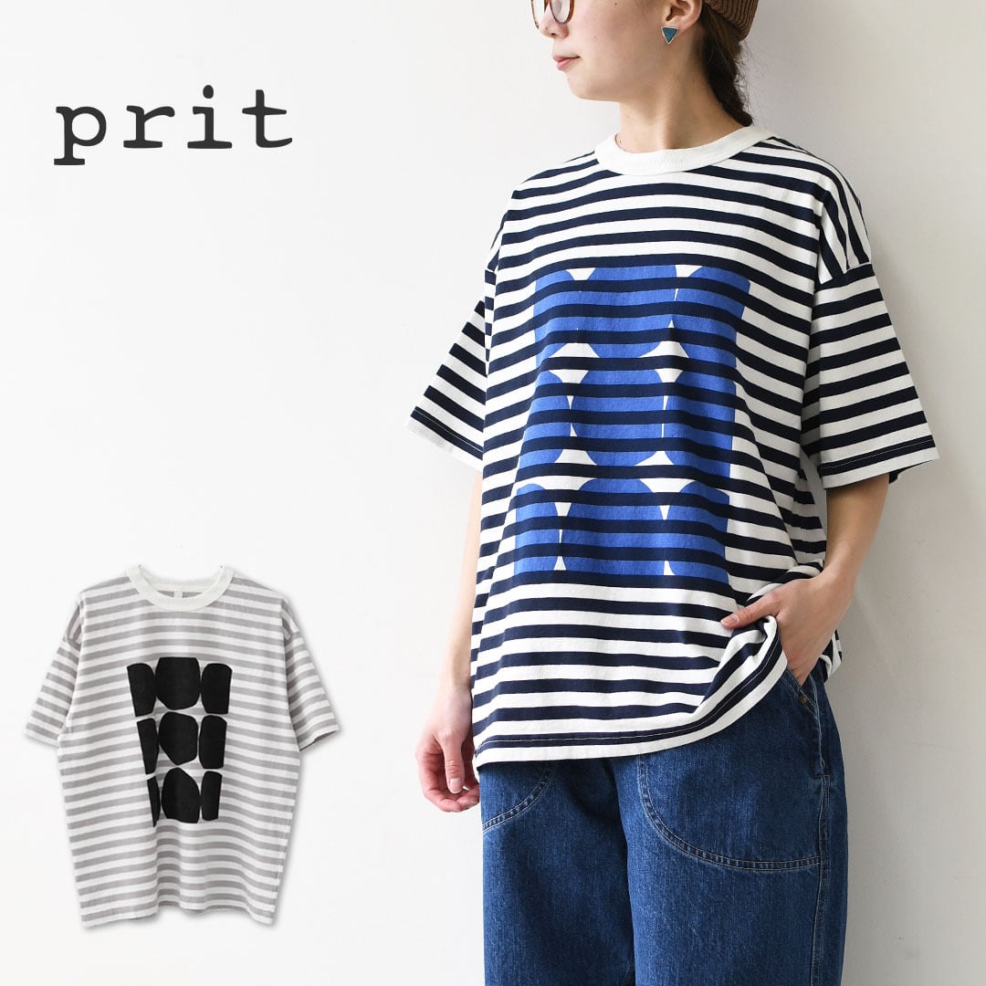 45R45rpm ボーダー天竺プリントの四角 Tシャツ prit [プリット] 18/1空紡度詰天竺ボーダーフレームドットプリントT
