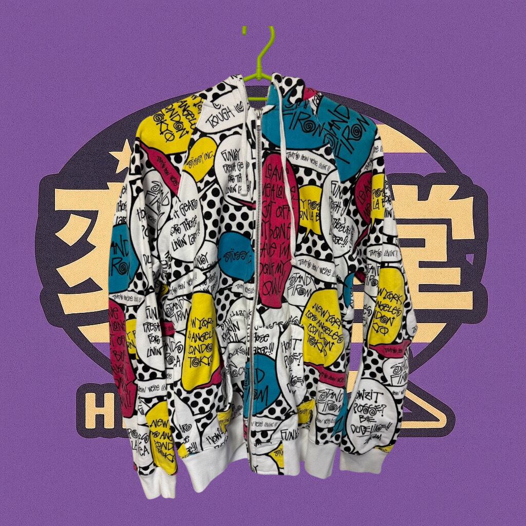 archive stussy グラフィティプリントジップパーカー STUSSY】 グラフィック 総柄 ジップパーカー ホワイト Lサイズ | 変奇堂