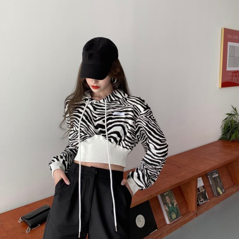 ゼブラパターンステッチフード付きセーター女性春と秋のファッション2020新しいヘッジオールマッチ半袖長袖ジャケットトップ ブラックストロベリース42357553160