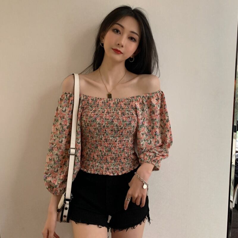 スタンダードフローラルシャツ オータムショートトップス レディース レトロ 秋物 花柄 ハンチェンe84665366028