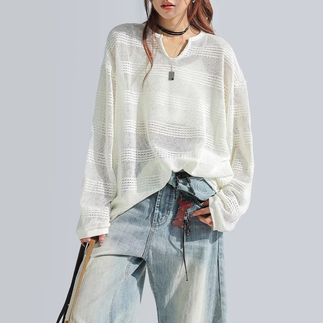 ボーダーメッシュルーズフィットキーネックニット 4col   R01859