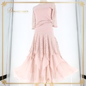 社交ダンス 衣装 スタンダード 上下セット ツーピース レッスンウェア パーティ衣装 Roger 花柄 レース くすみピンク系 シンプル 華やか フェミニン ダンスウェア スカート トップス 花柄 レース素材 ラインストーン 伸縮性 上品 パーティ用 レッスン用 ギャザー ゴムウエスト おしゃれ セットアップ