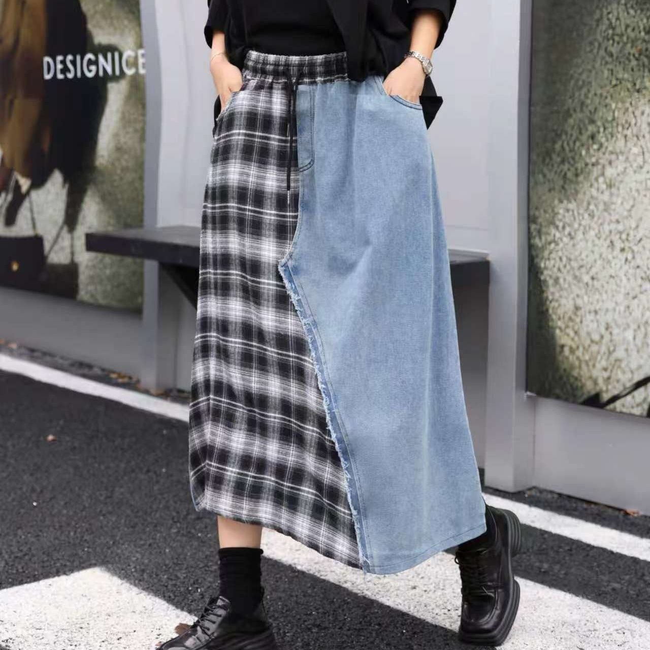 CONTRAST CHECKED HIGH WAIST MIDI SKIRT M-18463