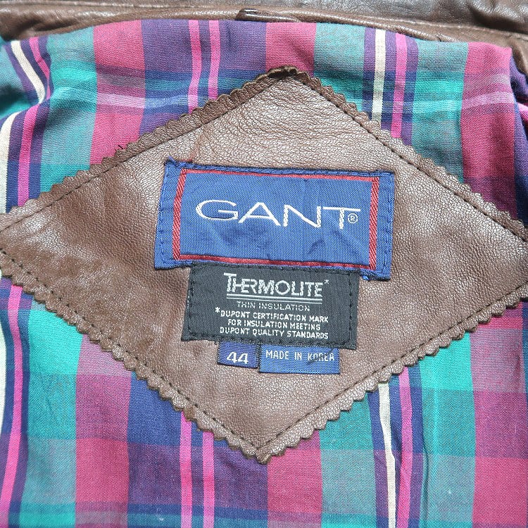 90s GANT レザー襟 ウールブルゾン オーバーサイズ ネイビー短丈 古着 90年代 GANT 本革 レザージャケット ブルゾン ブラウン 表記：44