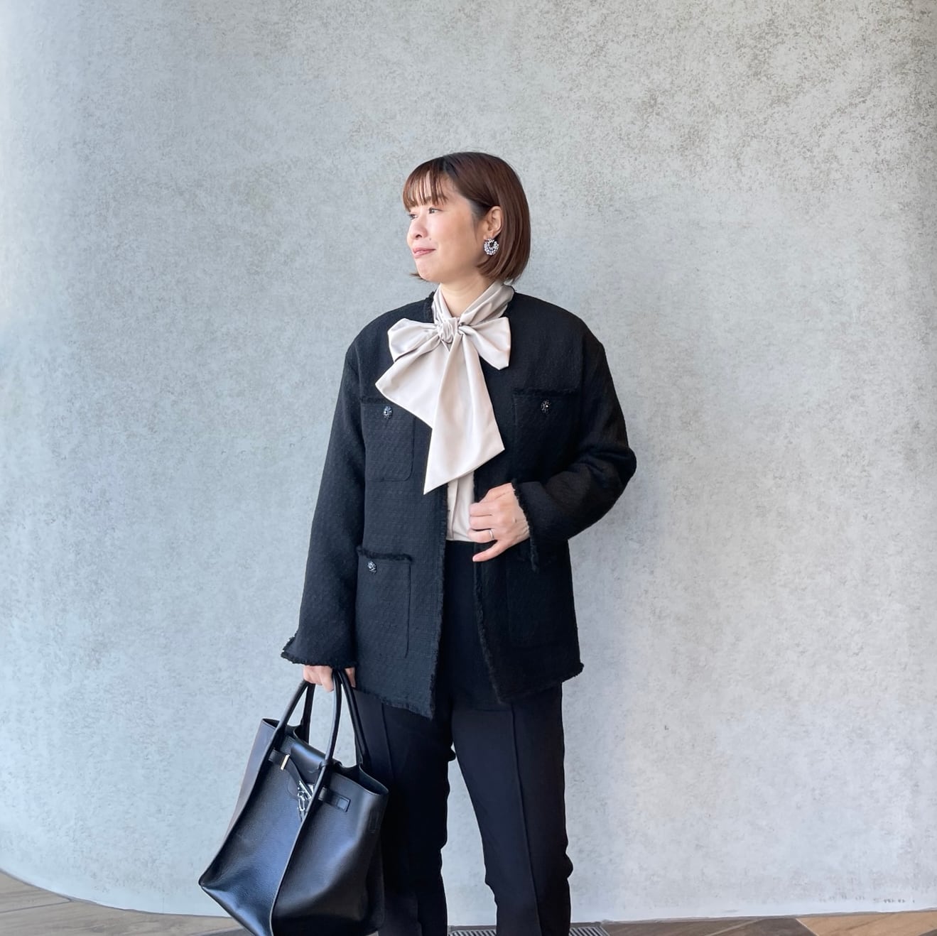 ゆったり着痩せ♡普段～お式まで♡ノーカラーツイードジャケット黒