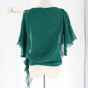 社交ダンス 衣装 スタンダード トップス レッスンウェア レディース グリーン系 Tシャツ/カットソー 緑 ビジュー シンプル 上品 練習着 アシンメトリー 社交ダンス トップス カットソー 練習用 上品 綺麗め きれいめ 大人 上質 日本製 深緑系 ダークグリーン系 フリル袖 アシンメトリー デザイン袖 ドレープ 伸縮素材 ポリエステル ポリウレタン 舞台衣装 ダンスレッスン 衣装用 アウトレット感なし レディースMサイズ 	Standard ballroom practice wear