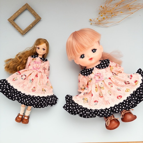 【２点セット】リカちゃんソランちゃんお揃いワンピース（ピンク黒水玉）