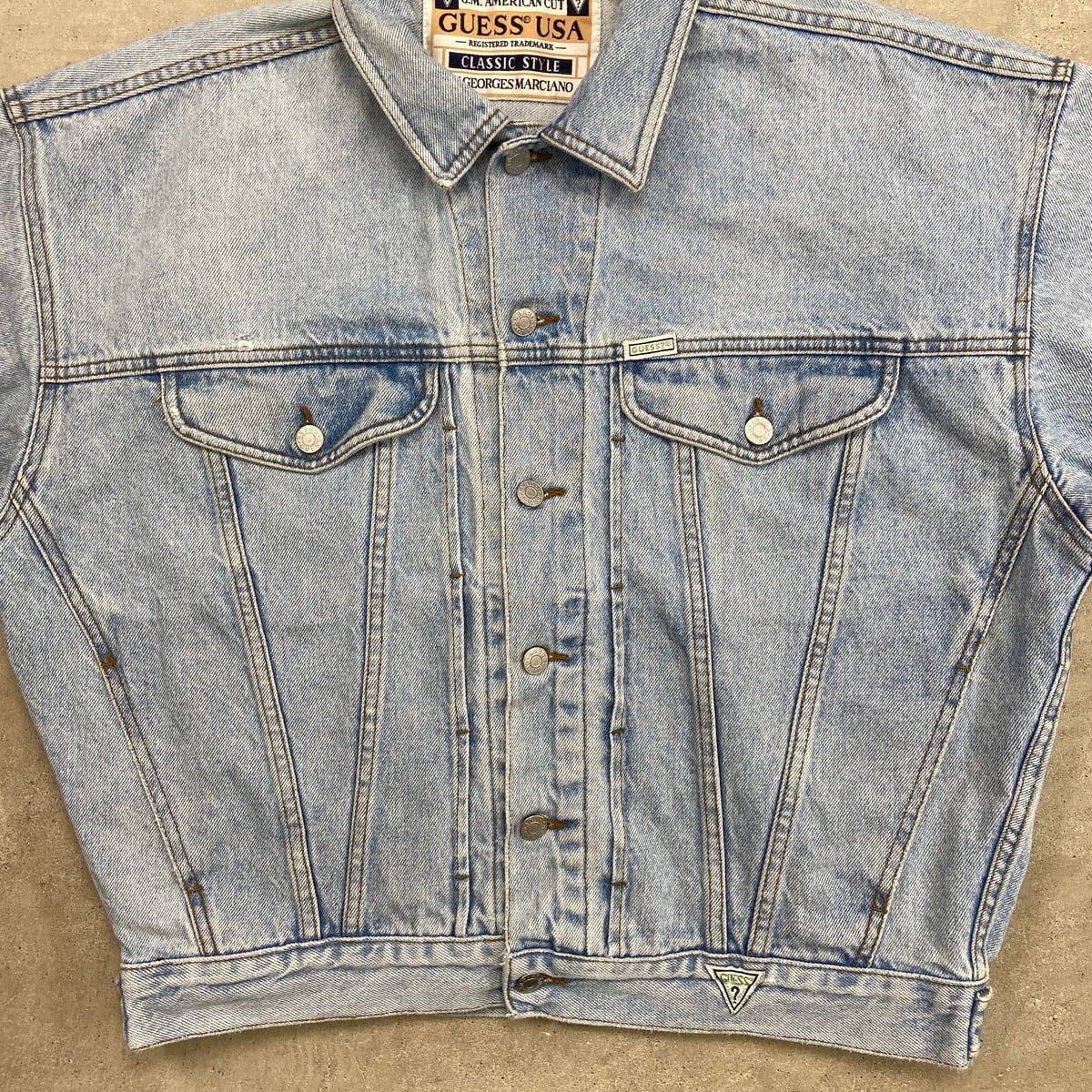 90年代 USA製 GUESS ワンポイントロゴ刺繍 デニムジャケット メンズXL