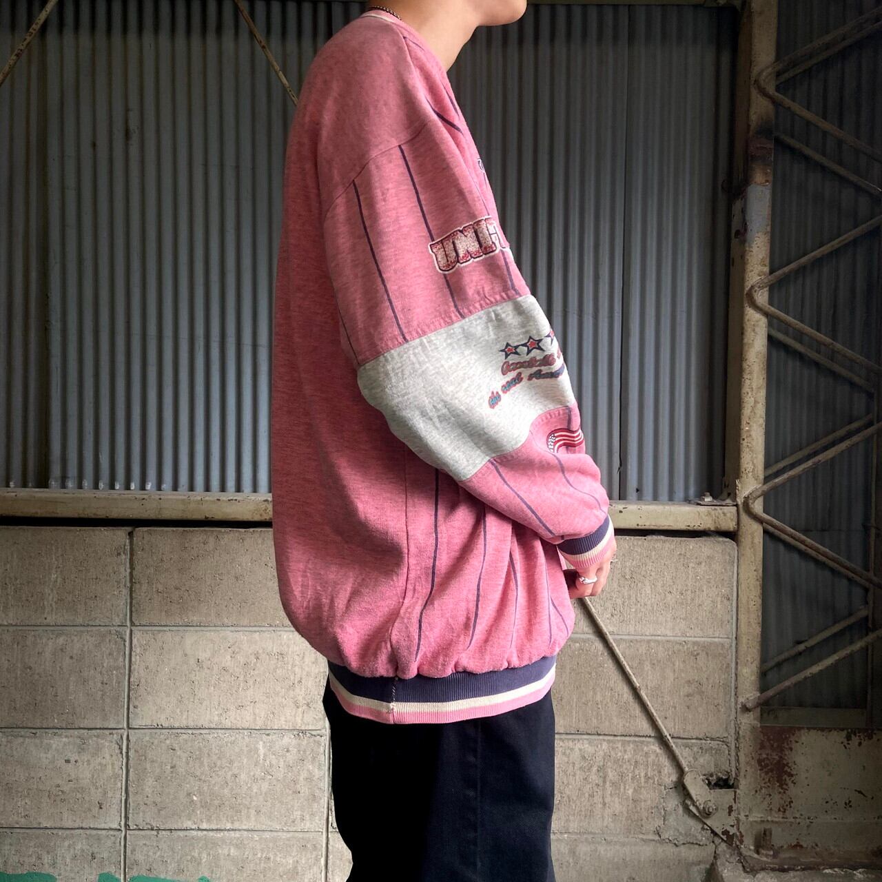 サーモンピンク 切り替えデザイン ストライプ柄 ベースボール プリント スウェットシャツ メンズxl 古着 スウェット Cave 古着屋 公式 古着通販サイト
