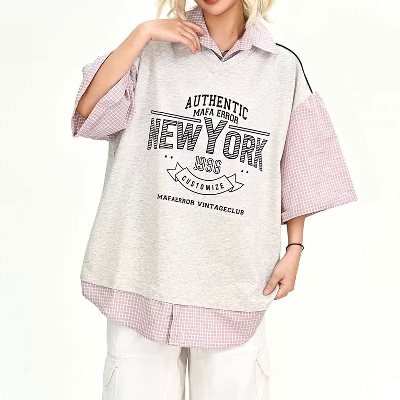 チェックシャツドッキンググラフィックプリントトップス 2col R02136