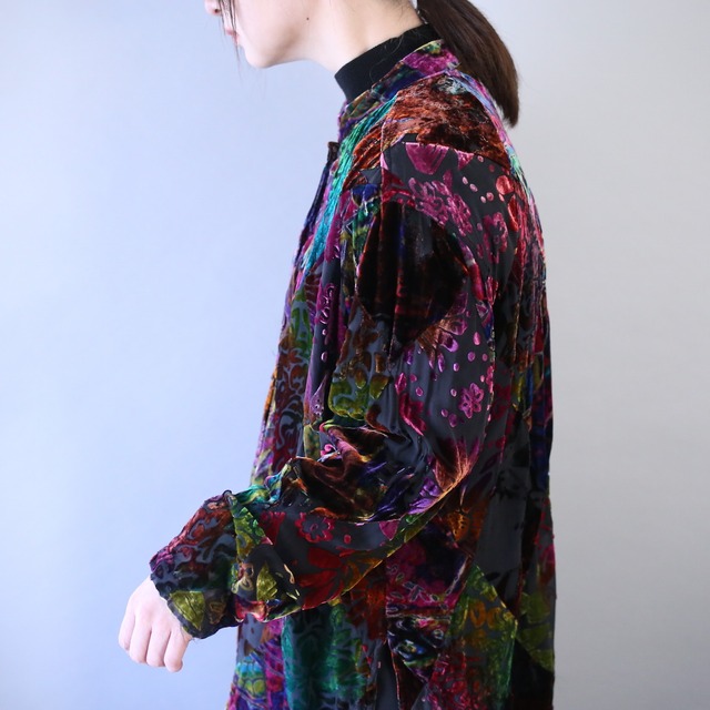 "花×漢字" beautiful gradation color pattern velours see-through shirt