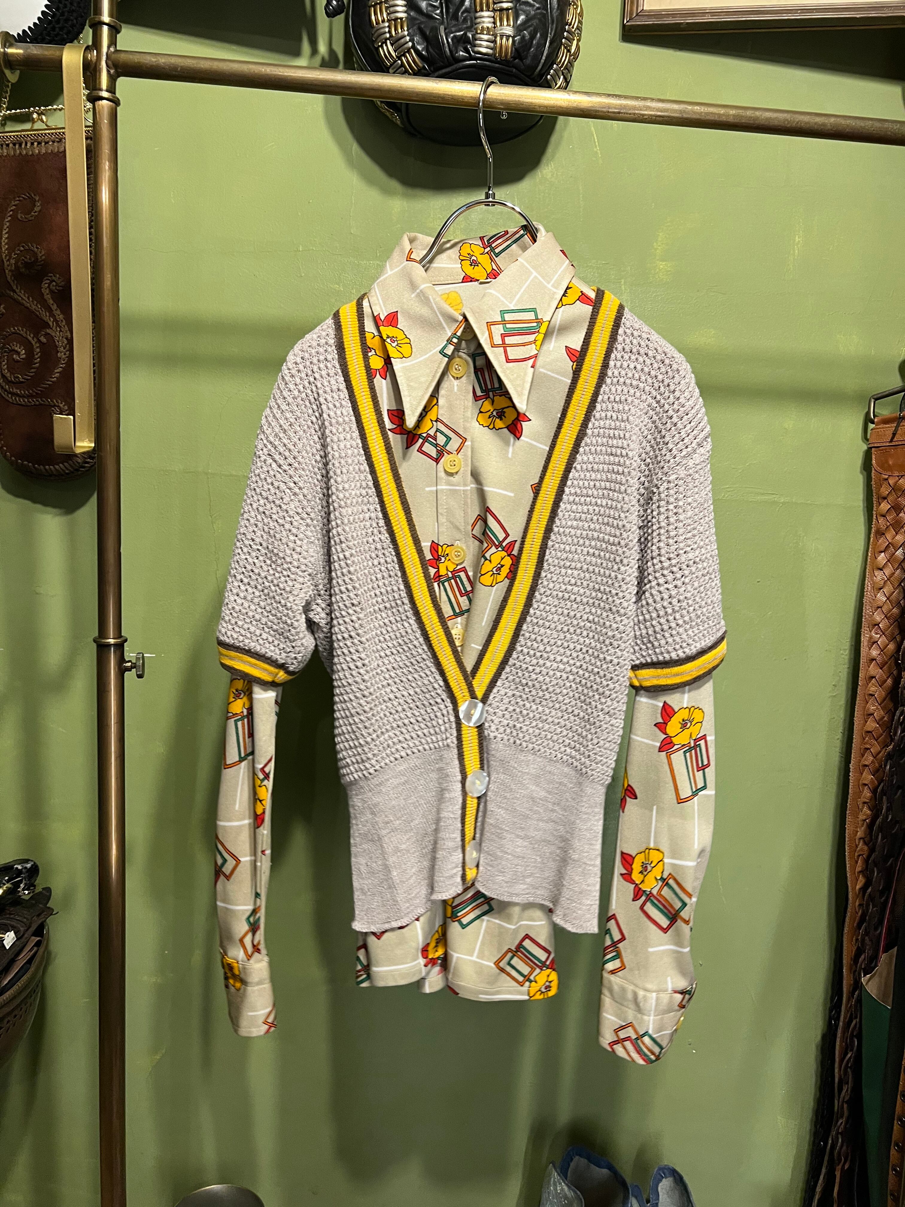 70s gray × yellow knit cardigan ( ヴィンテージ グレー × イエロー ...