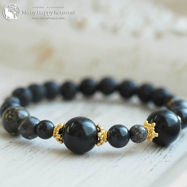 ba-7836　The Zipang Bracelet☆北海道オブシディアン＆サヌカイト＆出雲碧玉＆アークナイト☆K24Vermeilストレッチブレス