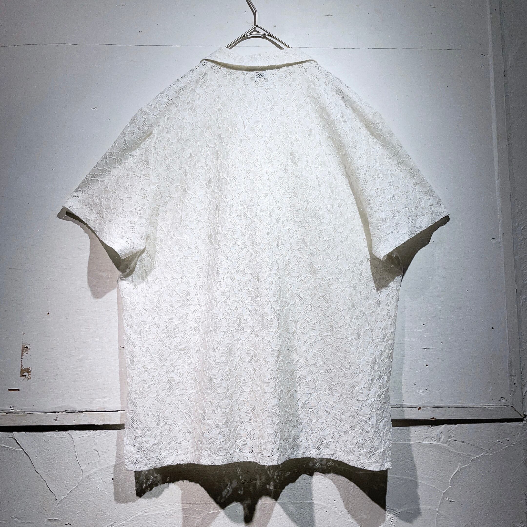 white flower lace embroidery open collar vintage shirt