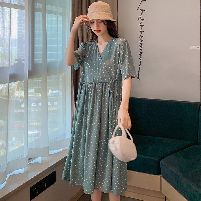 【新作】【送料無料】 マタニティウェア2020夏の新しい綿とリネンの水玉模様のVネックファットMMドレス、トレンディなママのミドル丈で年齢を減らすマタニティドレス-アリババ コットン サマー 夏物 expec286474184211