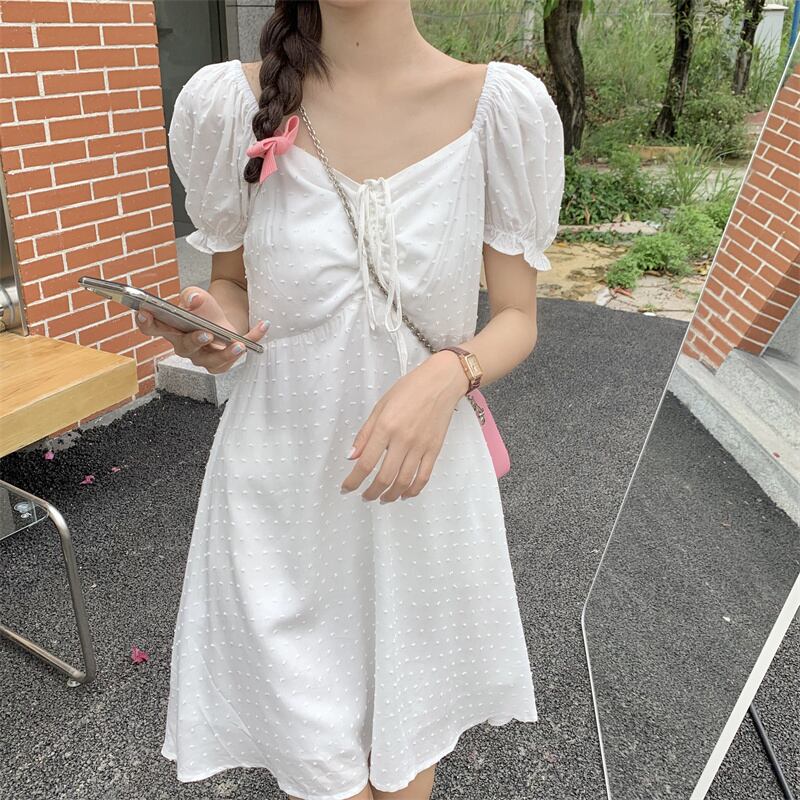 ホワイトスカート サマーシフォンレースAラインスリーブドレス ウェストショート 大人ガーリー スウィート キュート カジュアル 夏物 スクウェア 萌量不足52016993398