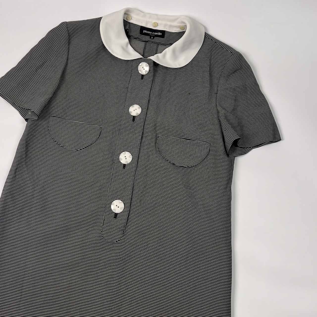 pierre cardin ピエールカルダン 丸襟付き ハーフボタン 総柄 半袖 ワンピース 9/ブラック レディース ビンテージ