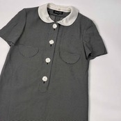 pierre cardin ピエールカルダン 丸襟付き ハーフボタン 総柄 半袖 ワンピース 9/ブラック レディース ビンテージ