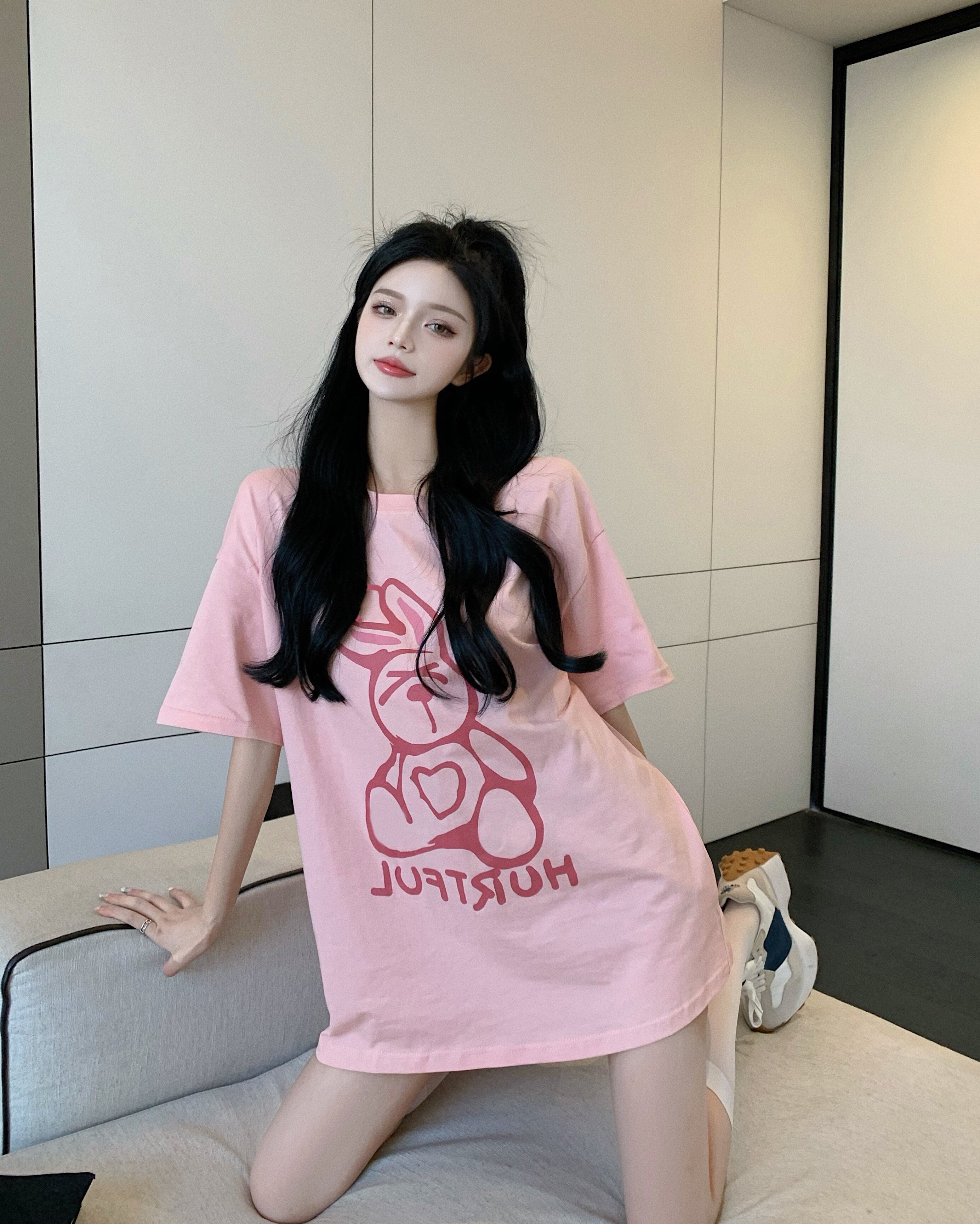 スタイルプリントTシャツ サマーカジュアルルーズトップス ピンク かわいい 夏物 ブラックストロベリース31281525927