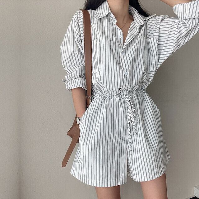 オールインワン レディース シャツ ショート丈 長袖 ショートパンツ 脚出し 爽やか かっこいい おしゃれ スタイリッシュ 春夏 ビーチ お出かけ ストライプ ホワイト