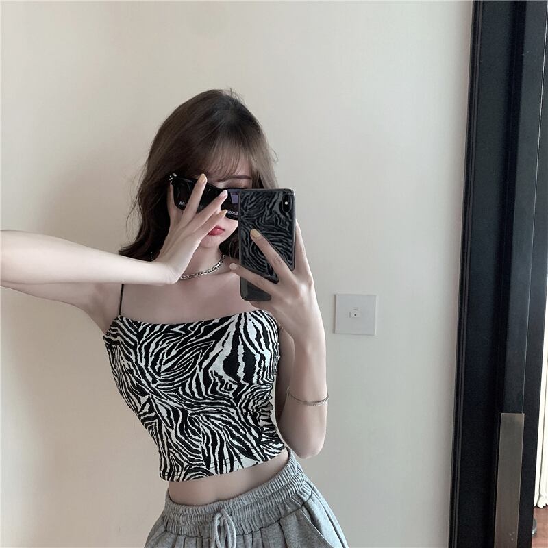 ゼブラスリムスリムストラップオフショルダーショートセクシーベストアウタートップサマーノースリーブノースリーブアンダーシャツ ブラックストロベリース81938807472