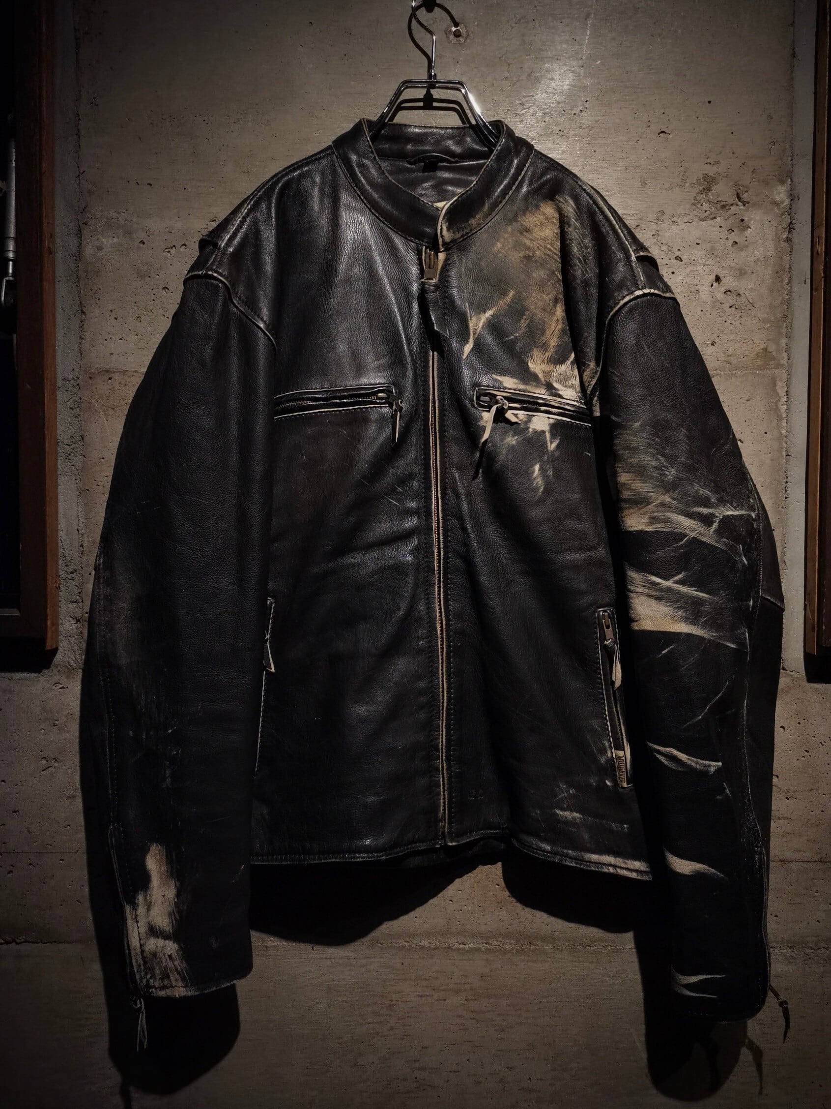Caka】Beautiful Faded Design Vintage Single Riders Leather Jacket