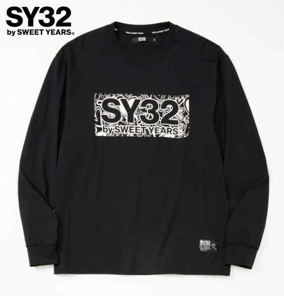 SY32 by SWEET YEARS エスワイサーティトゥ Tシャツ 長袖 クルーネック ロンT メンズ HEART PATTERN BOX LOGO L/S TEE 15501 BLACK