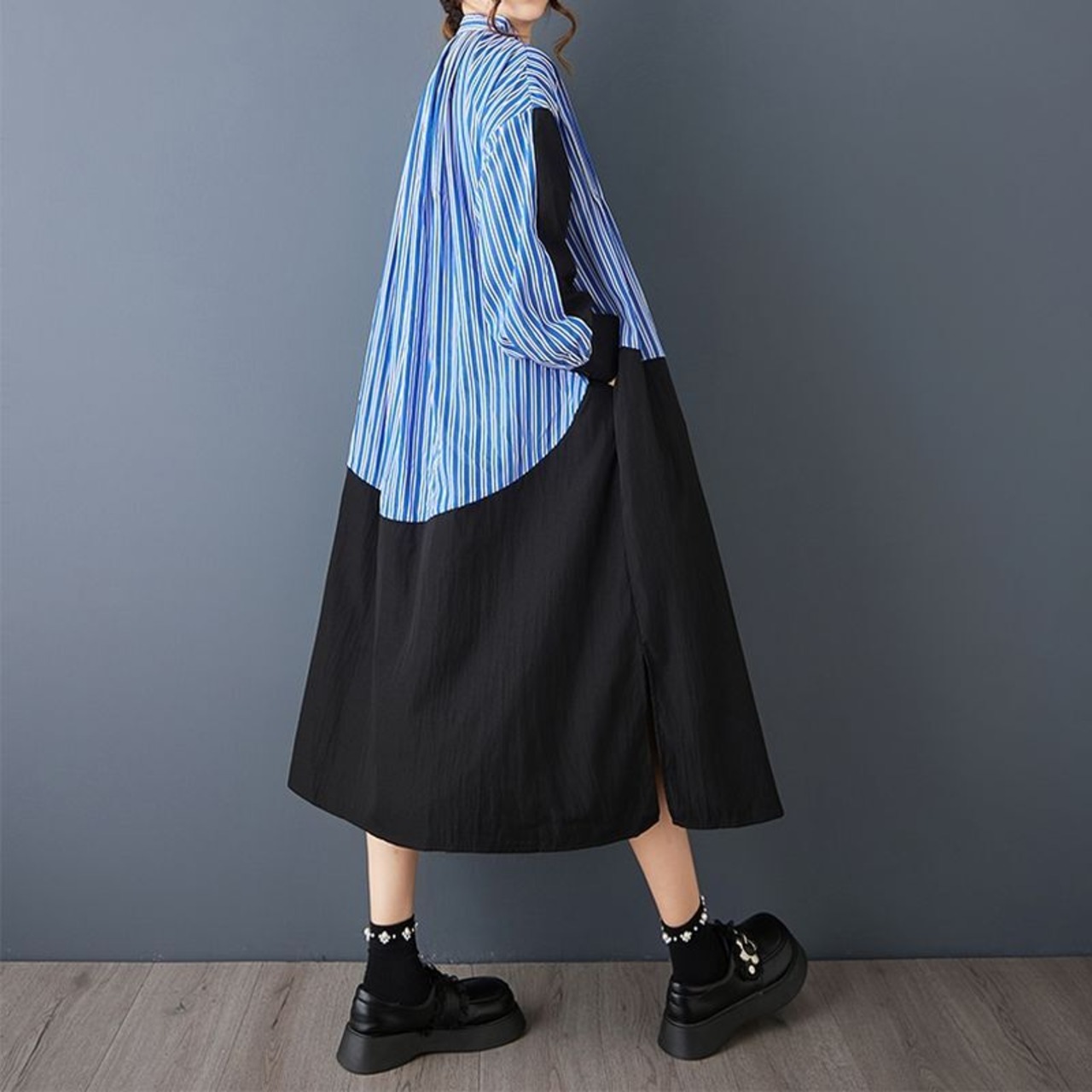 ストライプ 切り替え ロングシャツワンピース  00014