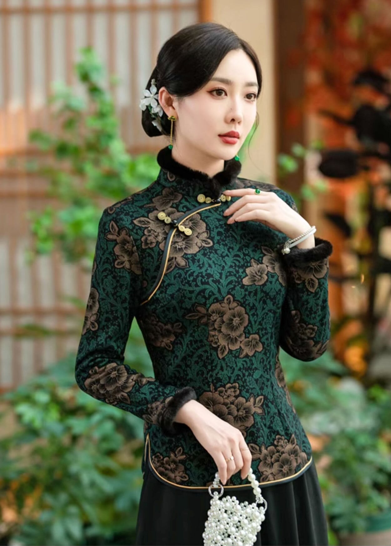 チャイナ服 トップス 長袖 ファー付き 花柄 エレガント 上品な風合い
