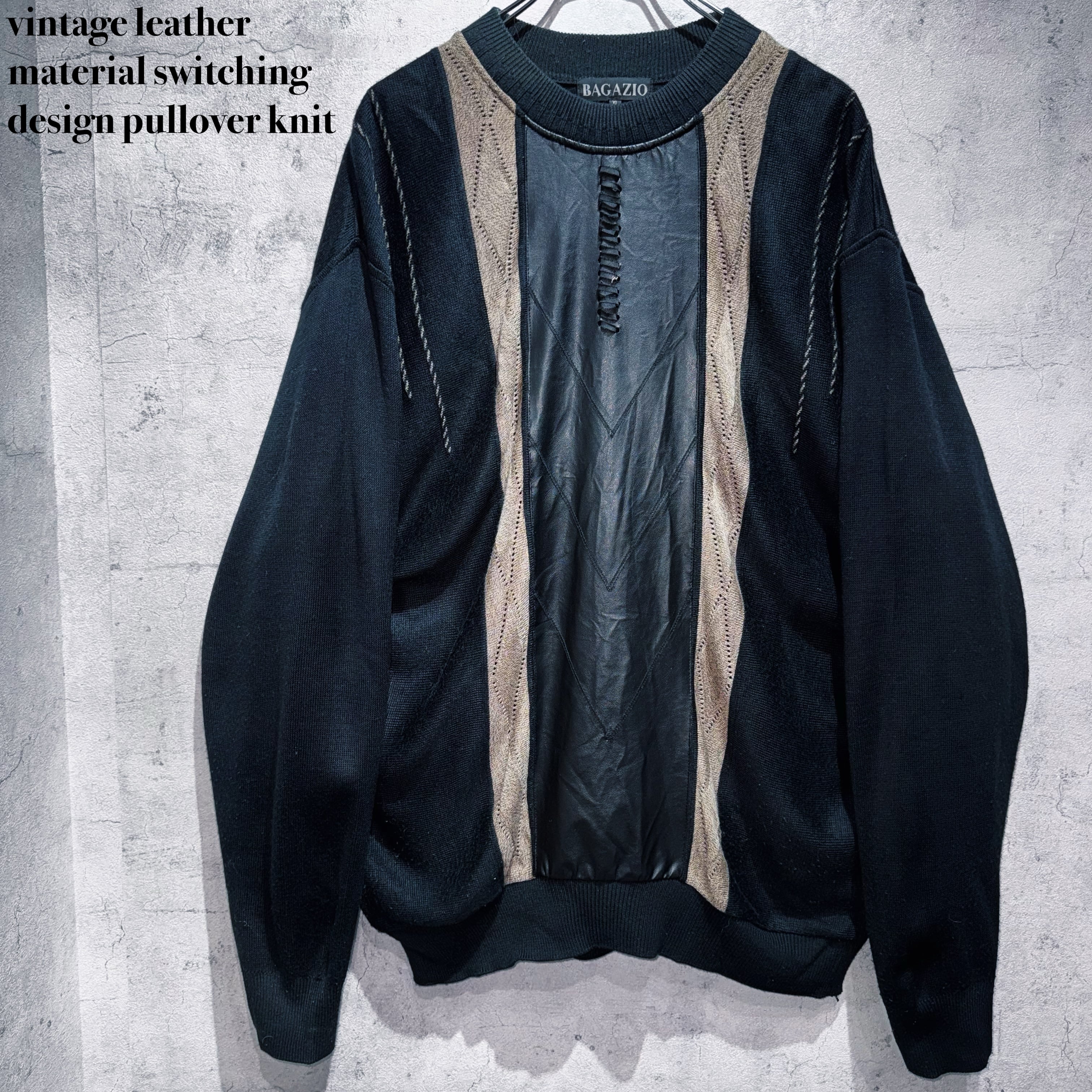 vintage leather material switching desig pullover knit