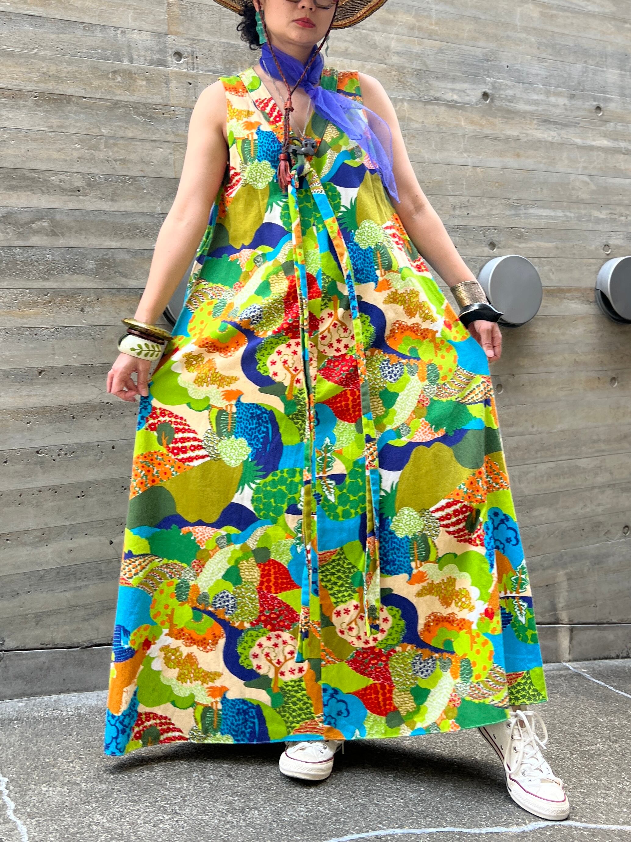 60s-70s floral sleeveless cotton dress