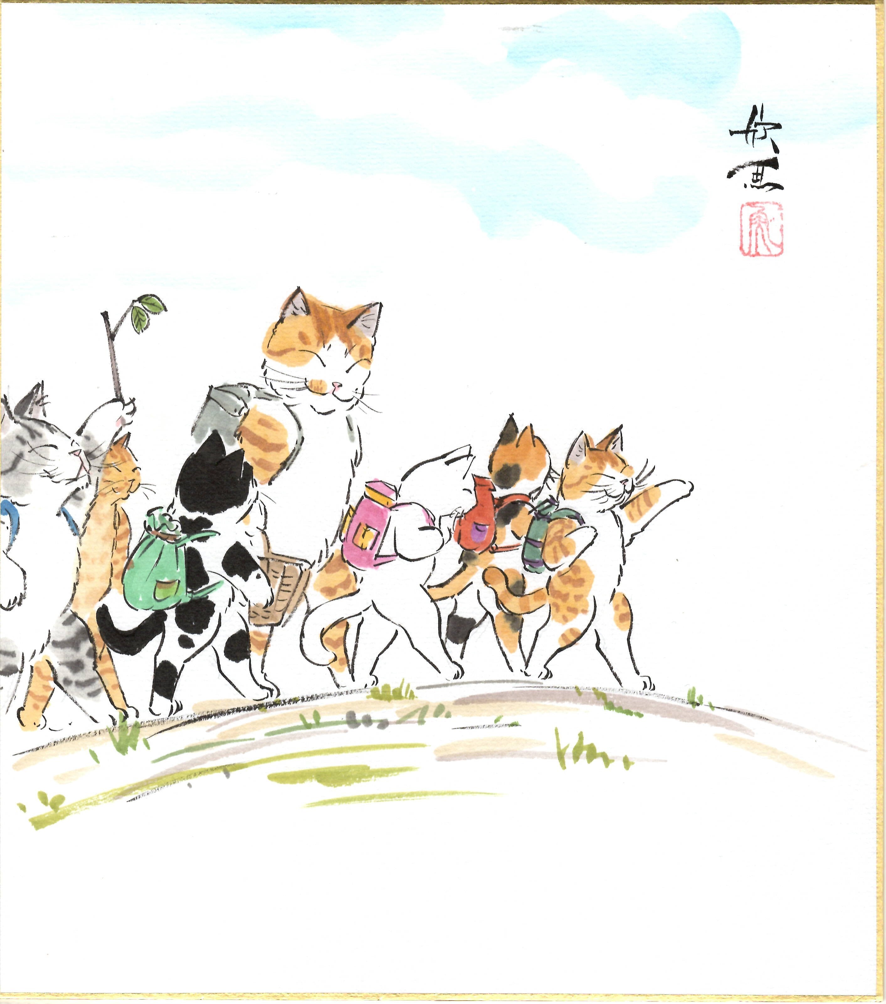 西村欣魚「遠足猫」色紙絵 | 吉村唐木店 WEBSHOP