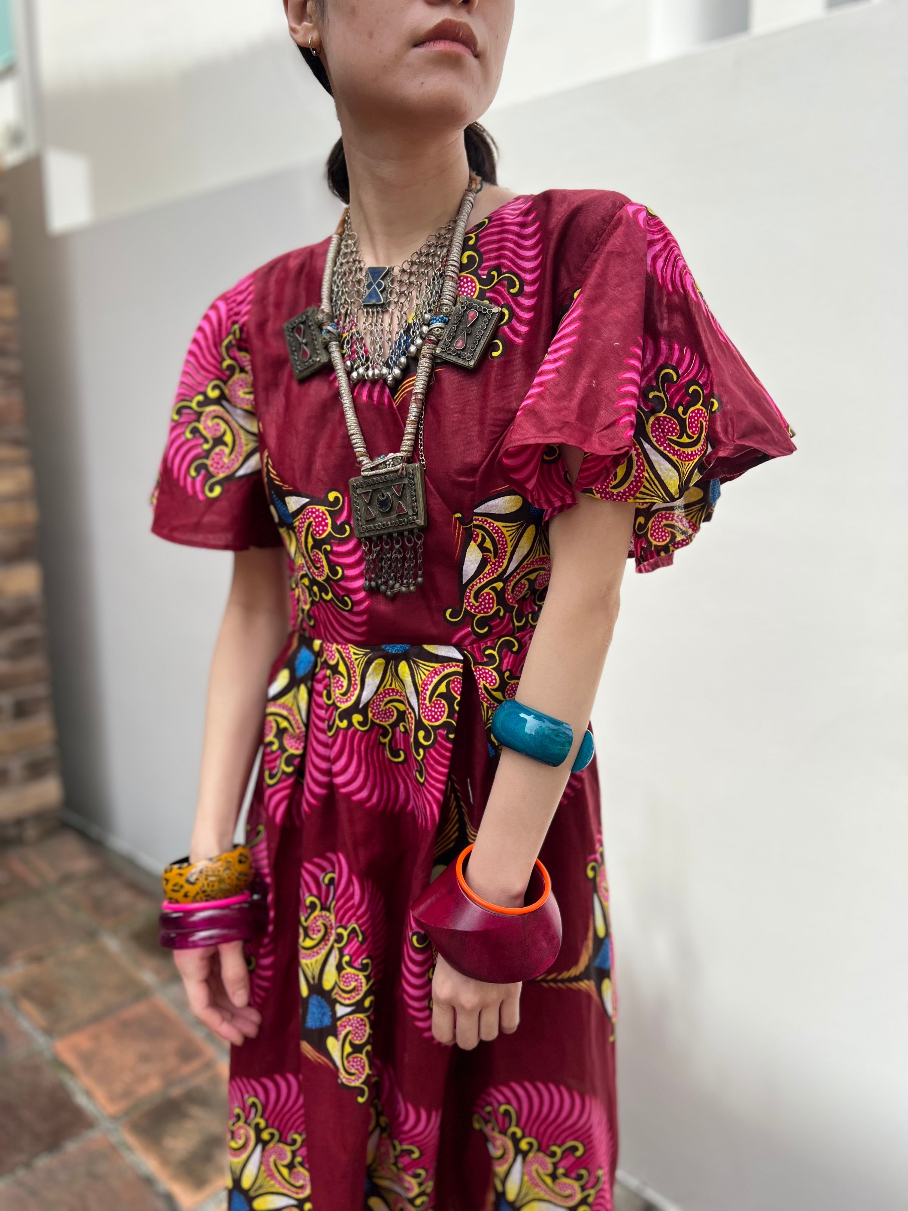 Vintage africanbatik wine red dress ( ヴィンテージ