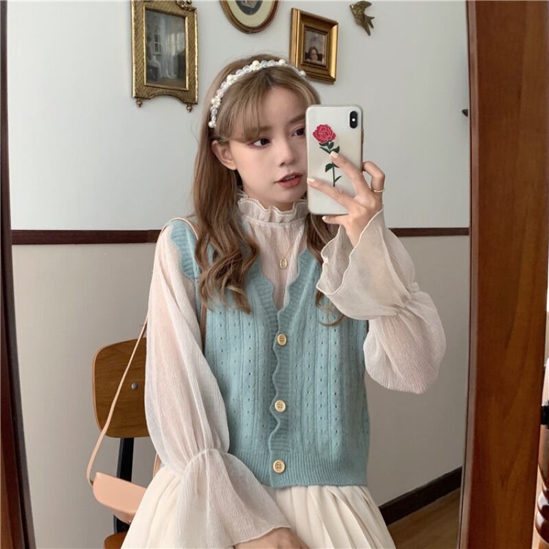 ニットスプリングオータムVネックレースノースリーブトップス 大人ガーリー スウィート キュート カジュアル 春物 秋物 1号婦人85820014786