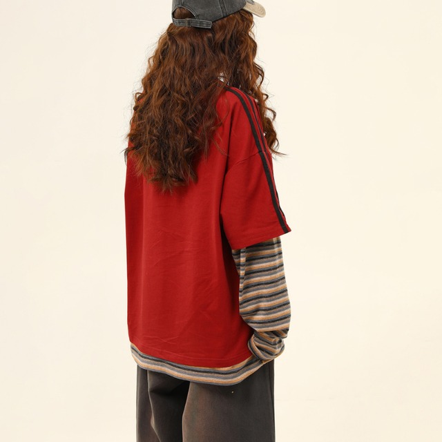 layered style striped sleeve logo long tee　レイヤード風ボーダースリーブロゴロングティー　J1116