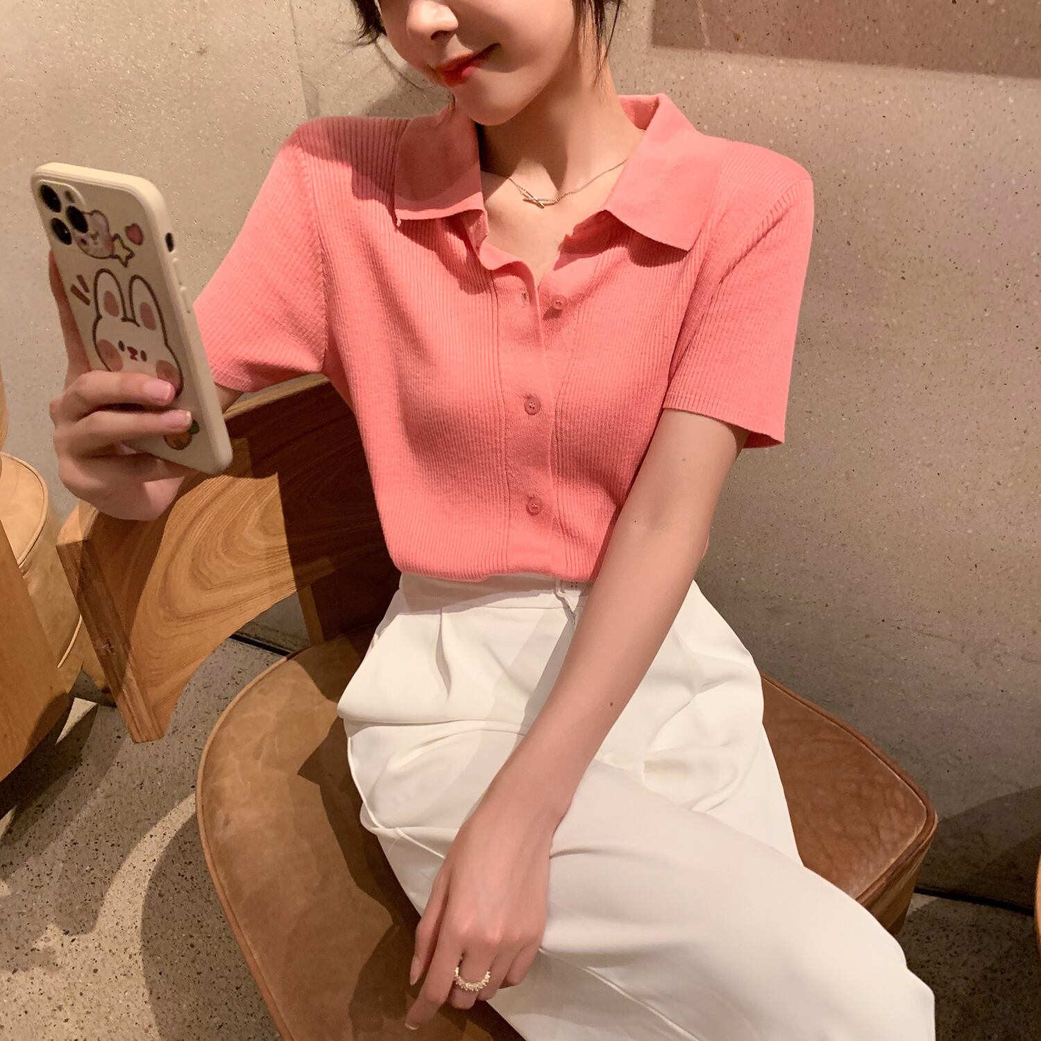 サマースタイルカラー薄手ニットカーディガンカジュアルTシャツ トップス ピンク 夏物 6Du_Shop_Women20473842313