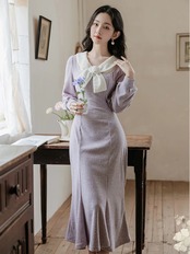 【0149】Ribbon Collar Knit Mermaid Long Sleeve Dress