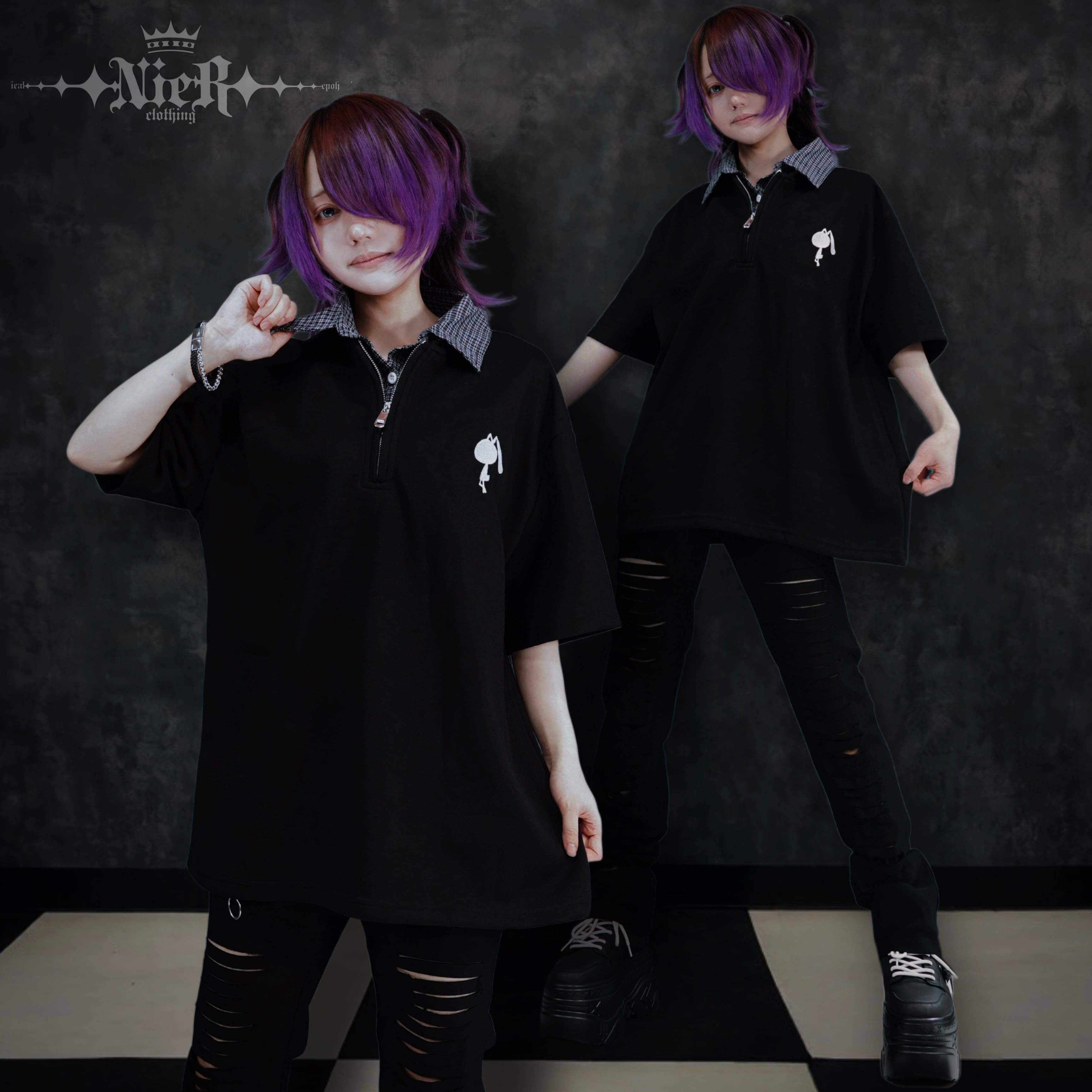 CHECK COLLAR FAKE LAYERED HALF ZIP TOPS【BLACK】 | NIER CLOTHING