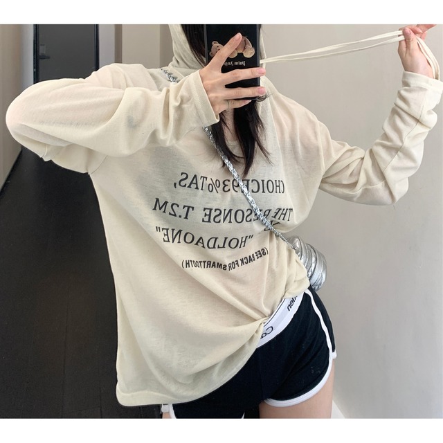 english print see-through hooded long tee　英字プリントシースルーフード付きロングティー　J0733