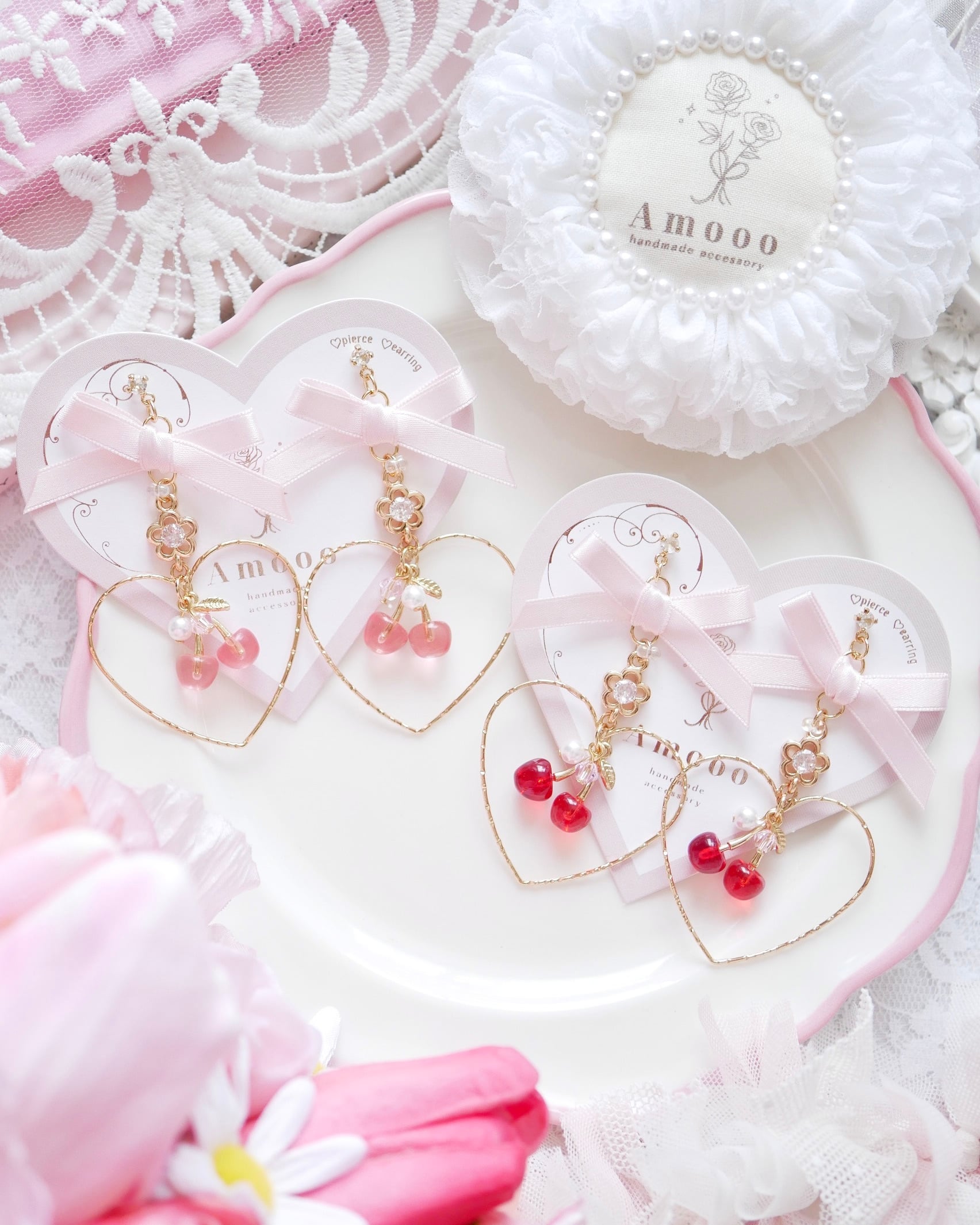 8712 チェリーハートフープリボンピアス/イヤリング