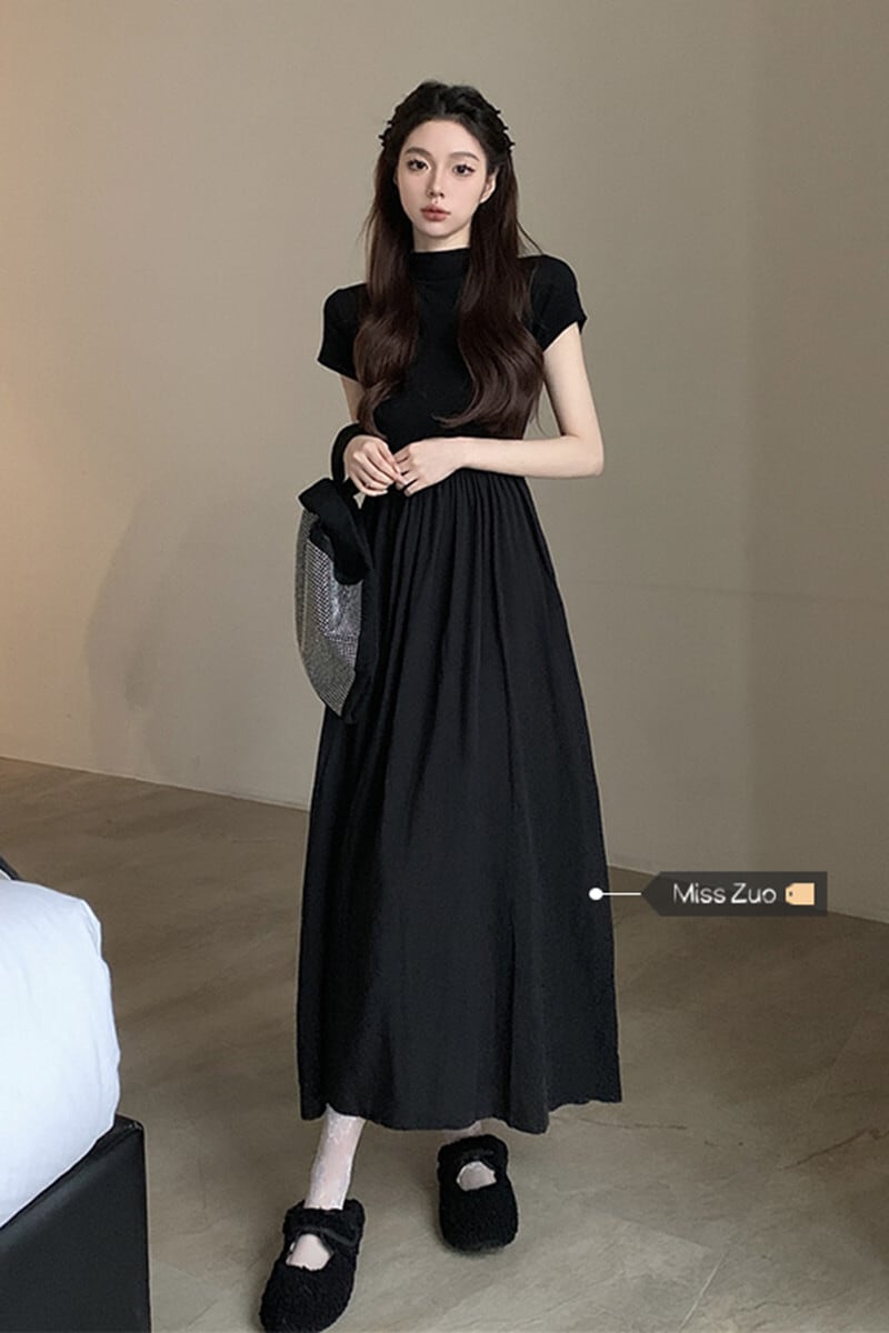 黒半袖ドレスの女性の夏フレンチヘップバーンスタイルリトルブラック