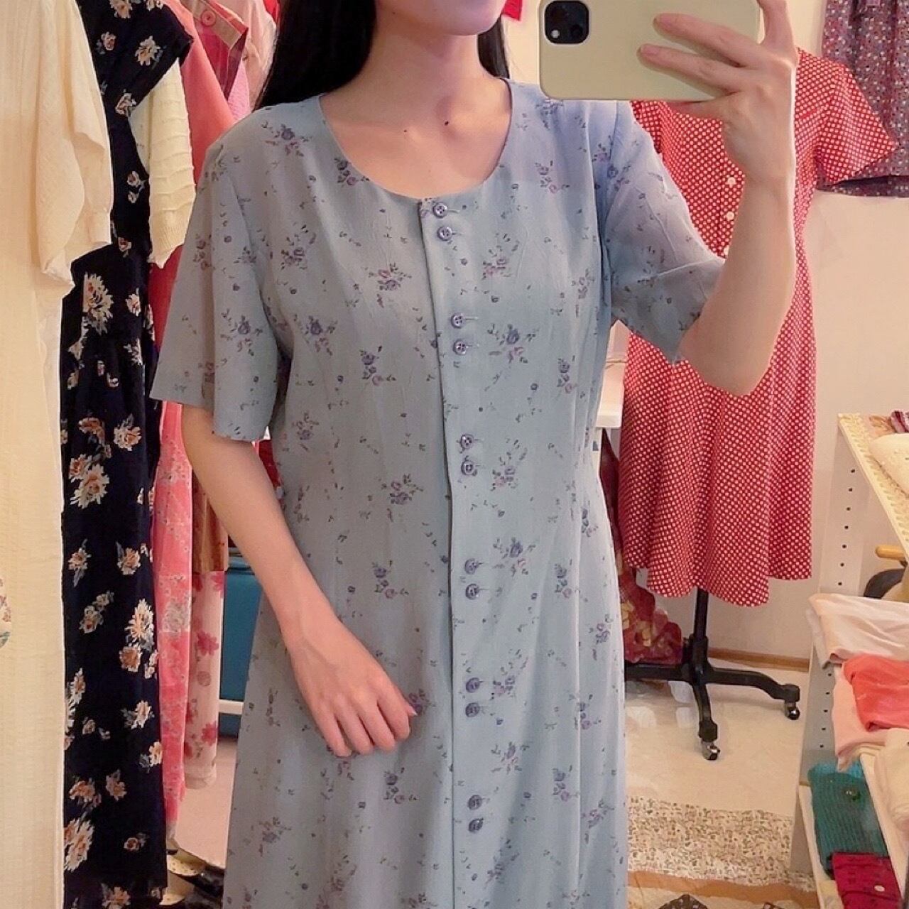 blue purple rose front button one-piece