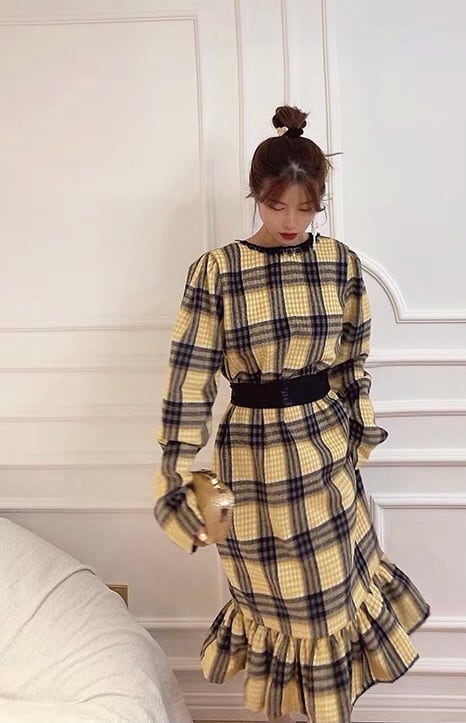 黄色 チェック ワンピース ゆったり ガーリー ツイード 黄色 黒 リボン
