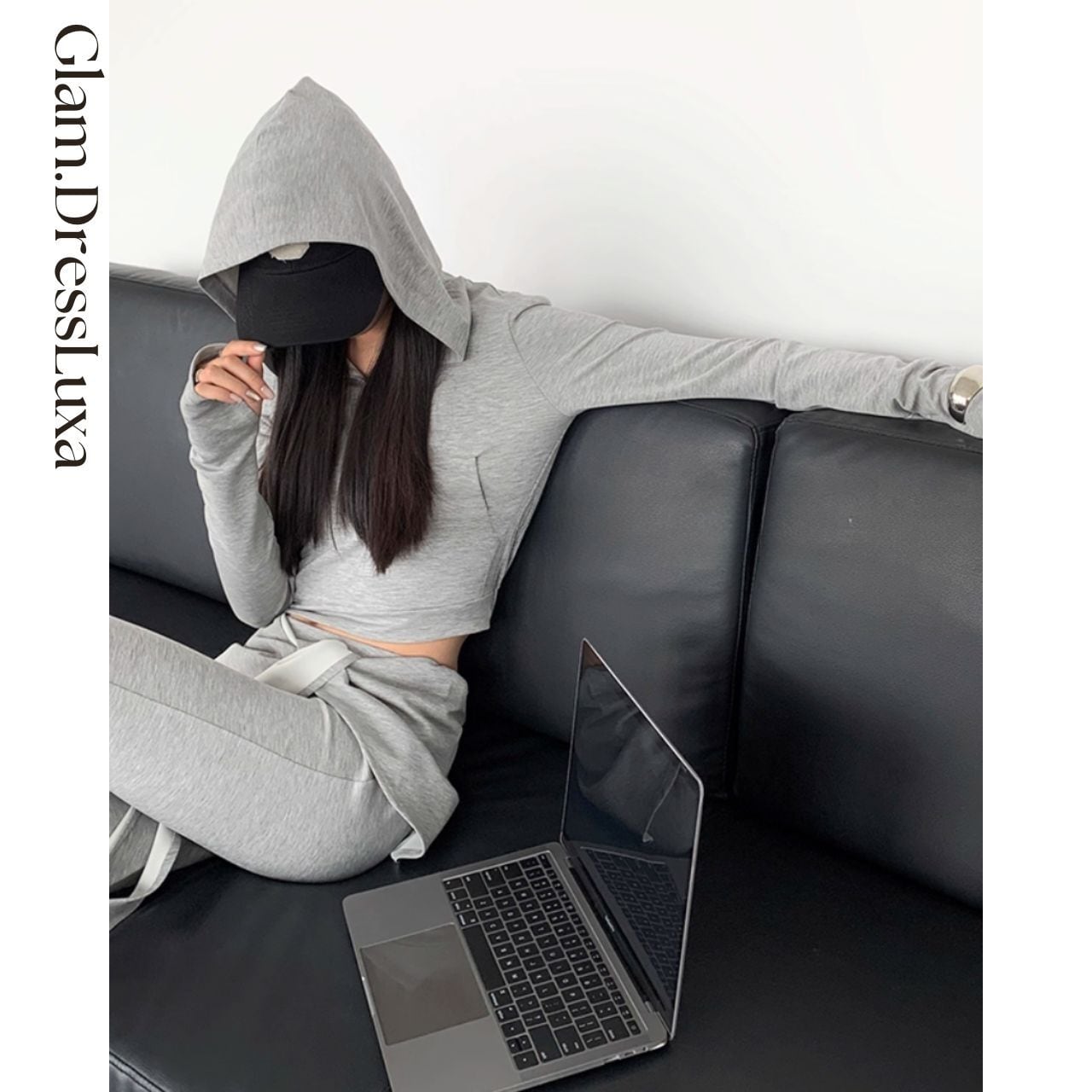 フードクロップドトップス&フレアパンツset up/2color_ST13