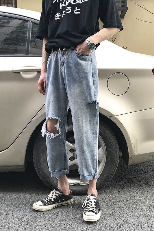 全1色 デニム パンツ ストレート カジュアル ダメージ おしゃれ