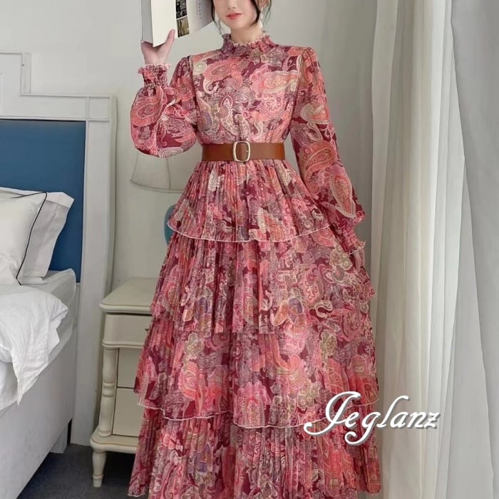 華やか プリント ワンピース ドレス ハイネック レイヤード 6色(M9062)α