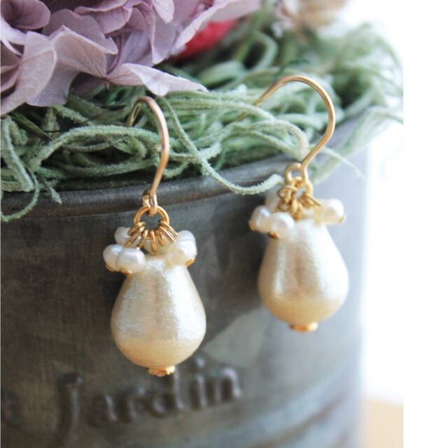 しずくコットン&淡水パールピアス (保存袋付き)